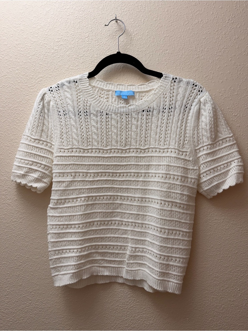 Draper James Cream Open-Knit Short-Sleeve Sweater
